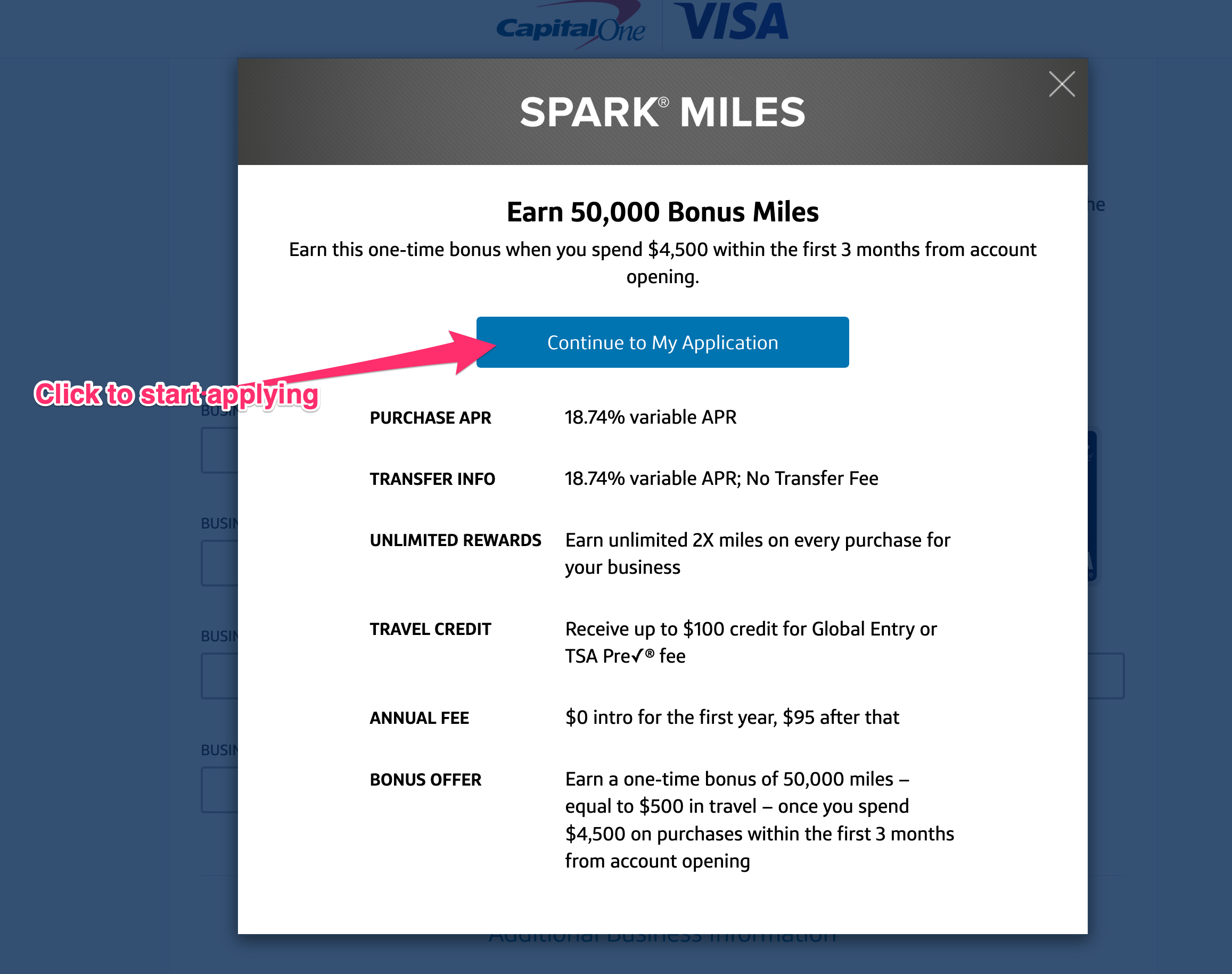 Starting Capital One Business Card application